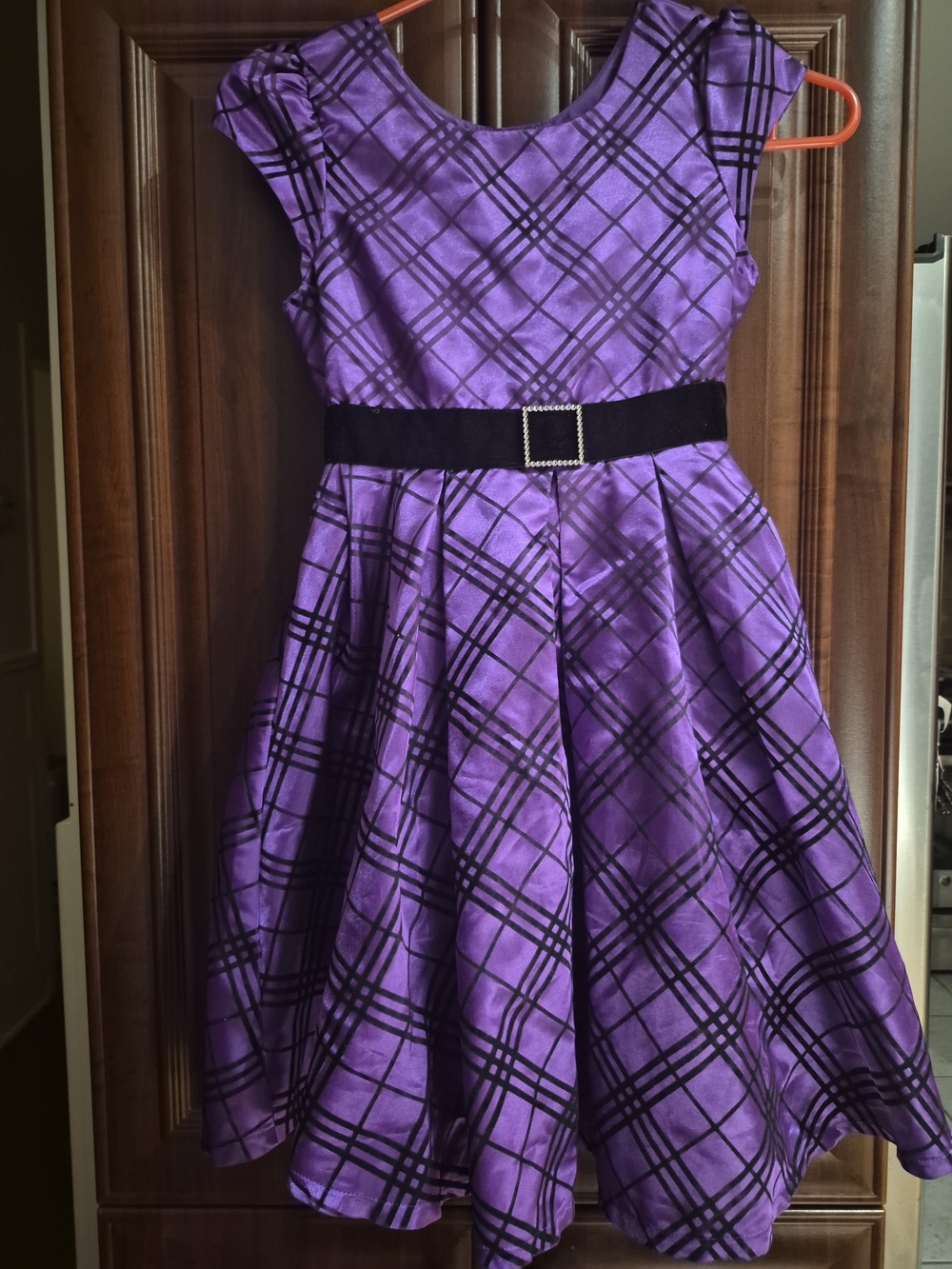 Jona Michelle Girls' Purple Plaid Fit & Flare Dress with Black Belt Size 8
